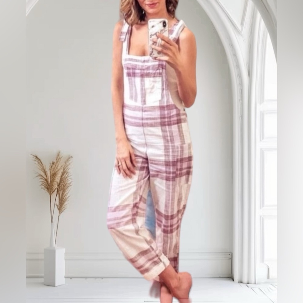 NWT Aerie jumpsuit romper overall pants white purple plaid pockets cropped Sz S - Picture 5 of 12